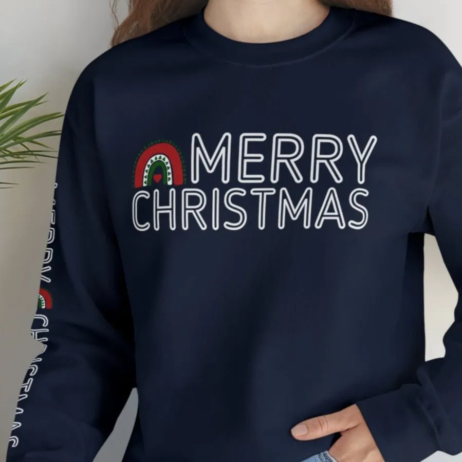 Merry Christmas Rainbow Women's Sweatshirt: Festive Arm Detail and Cheerful Graphic