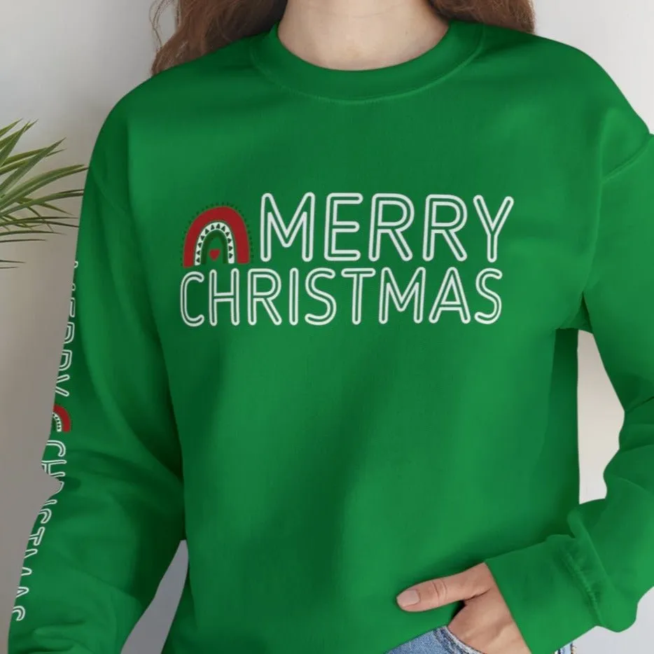 Merry Christmas Rainbow Women's Sweatshirt: Festive Arm Detail and Cheerful Graphic