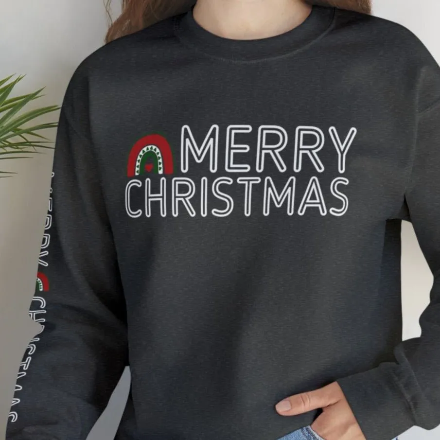 Merry Christmas Rainbow Women's Sweatshirt: Festive Arm Detail and Cheerful Graphic