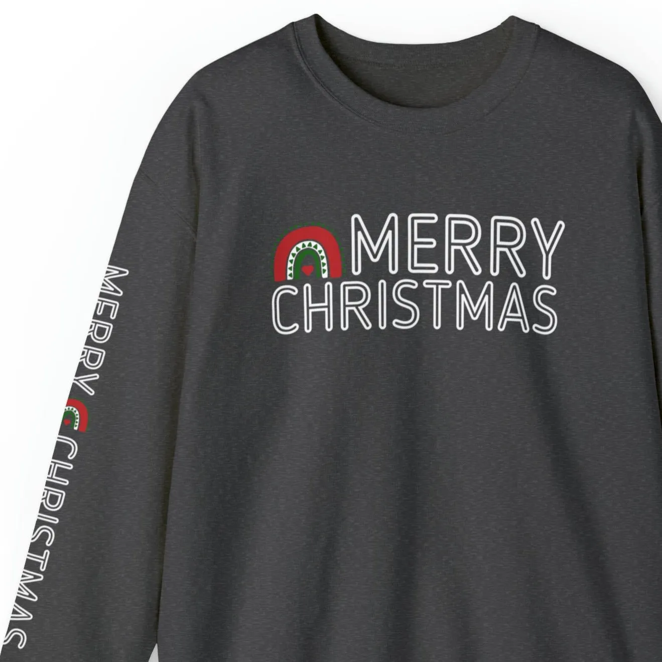 Merry Christmas Rainbow Women's Sweatshirt: Festive Arm Detail and Cheerful Graphic