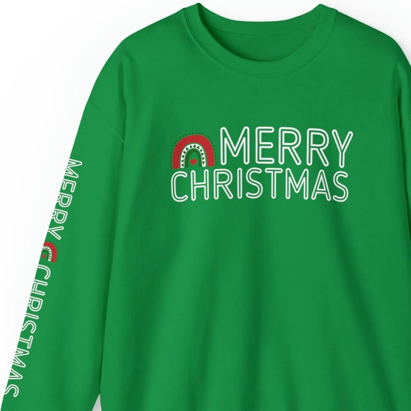 Merry Christmas Rainbow Women's Sweatshirt: Festive Arm Detail and Cheerful Graphic