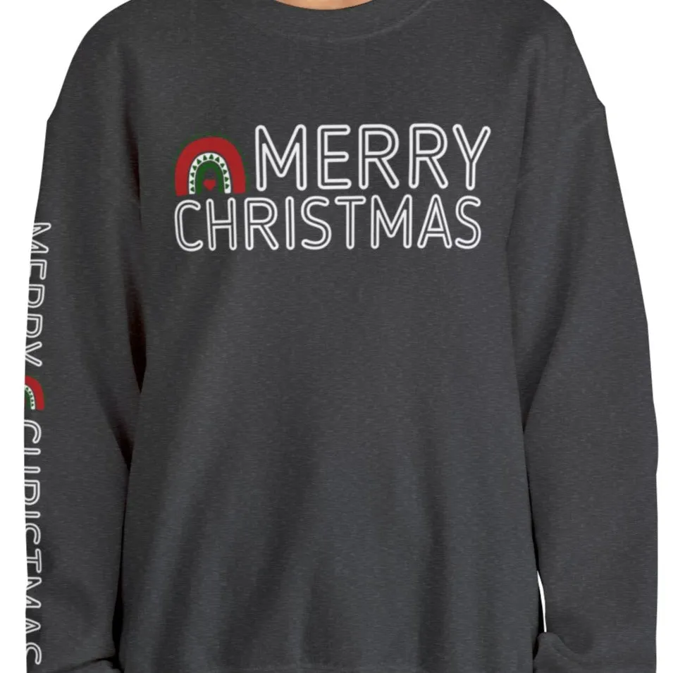 Merry Christmas Rainbow Women's Sweatshirt: Festive Arm Detail and Cheerful Graphic