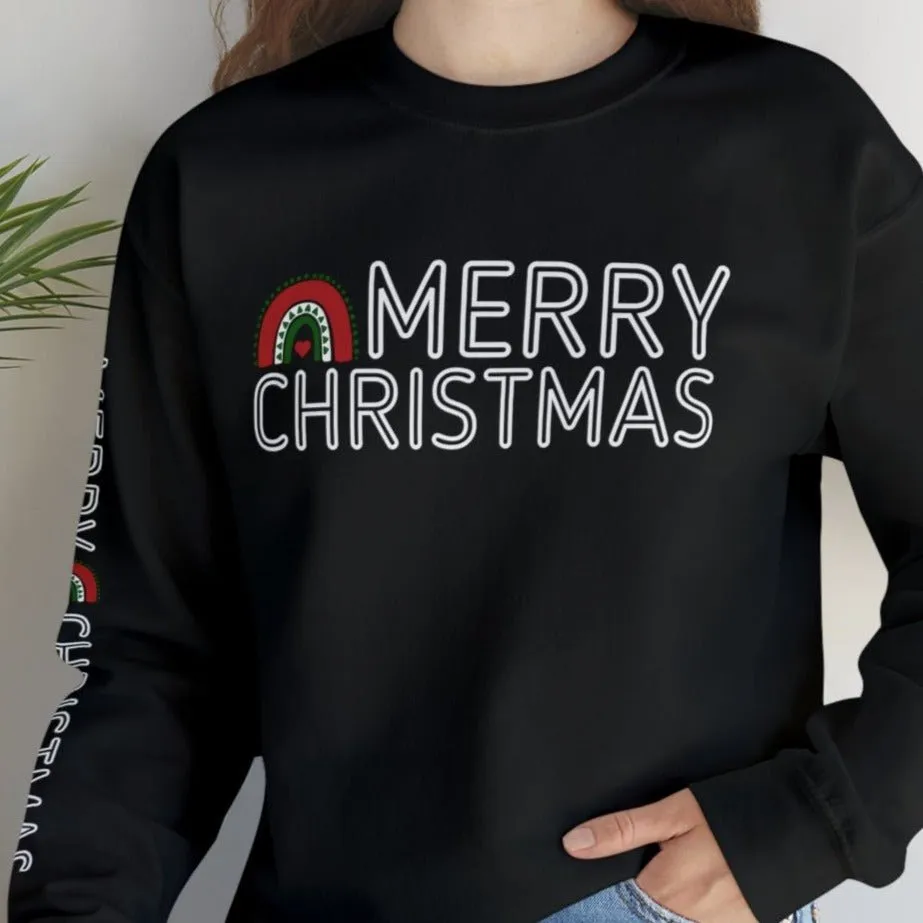 Merry Christmas Rainbow Women's Sweatshirt: Festive Arm Detail and Cheerful Graphic