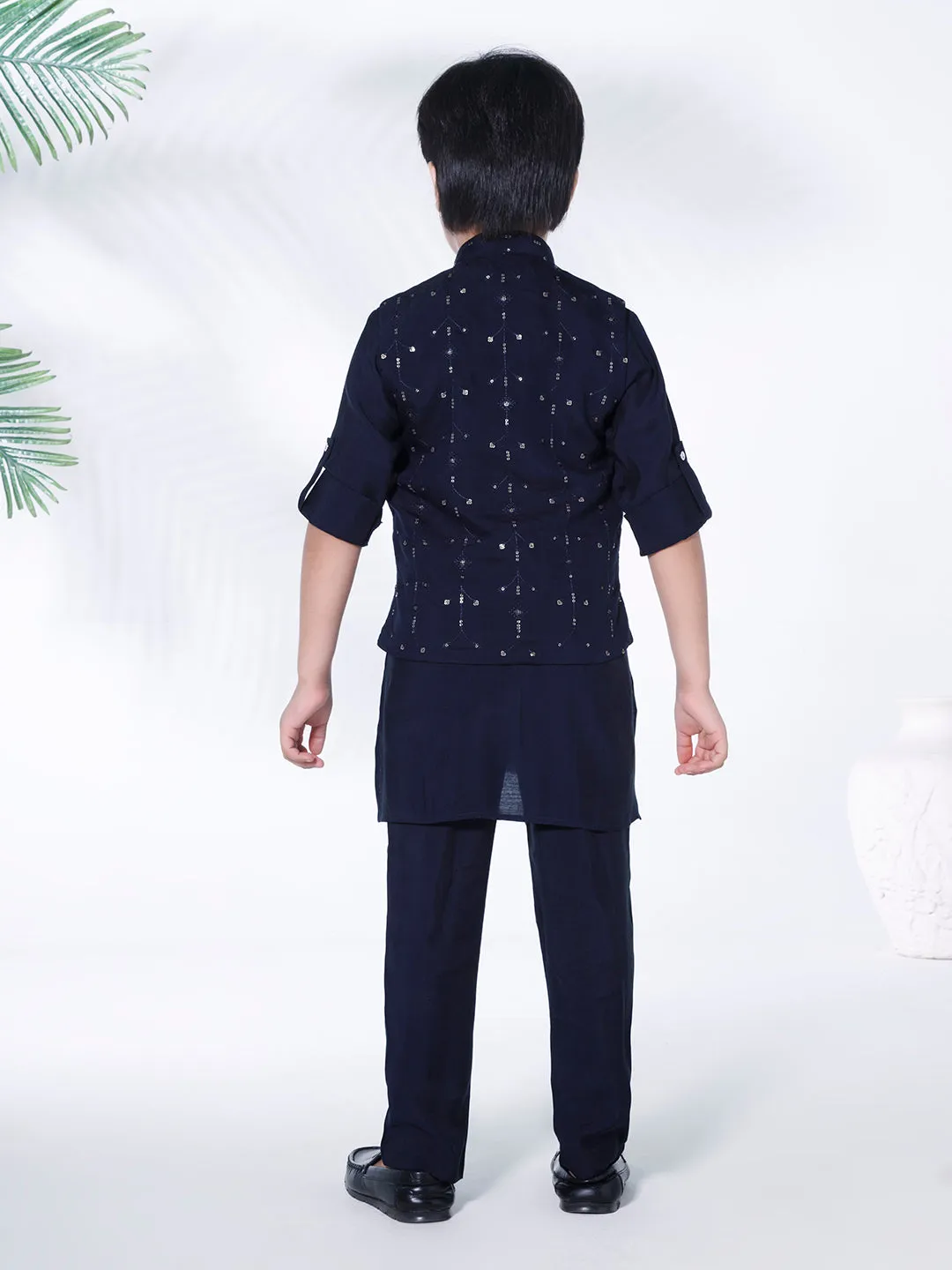 Mini Stitch multicolour folk embriodered jacket with kurta and pant set- NAVYBLUE