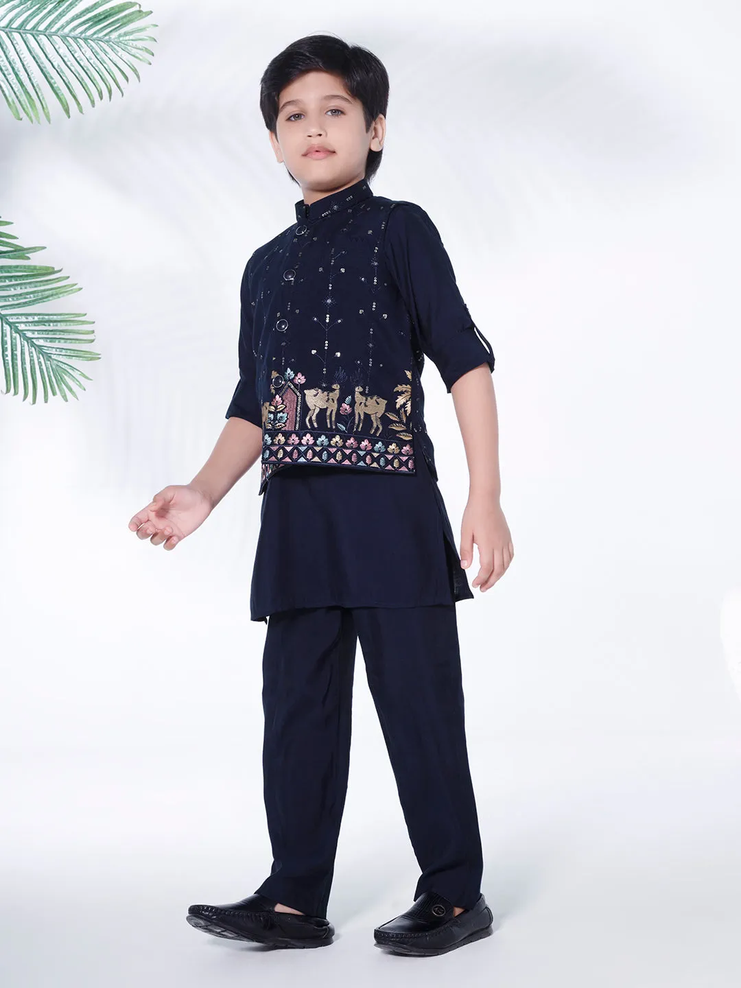 Mini Stitch multicolour folk embriodered jacket with kurta and pant set- NAVYBLUE