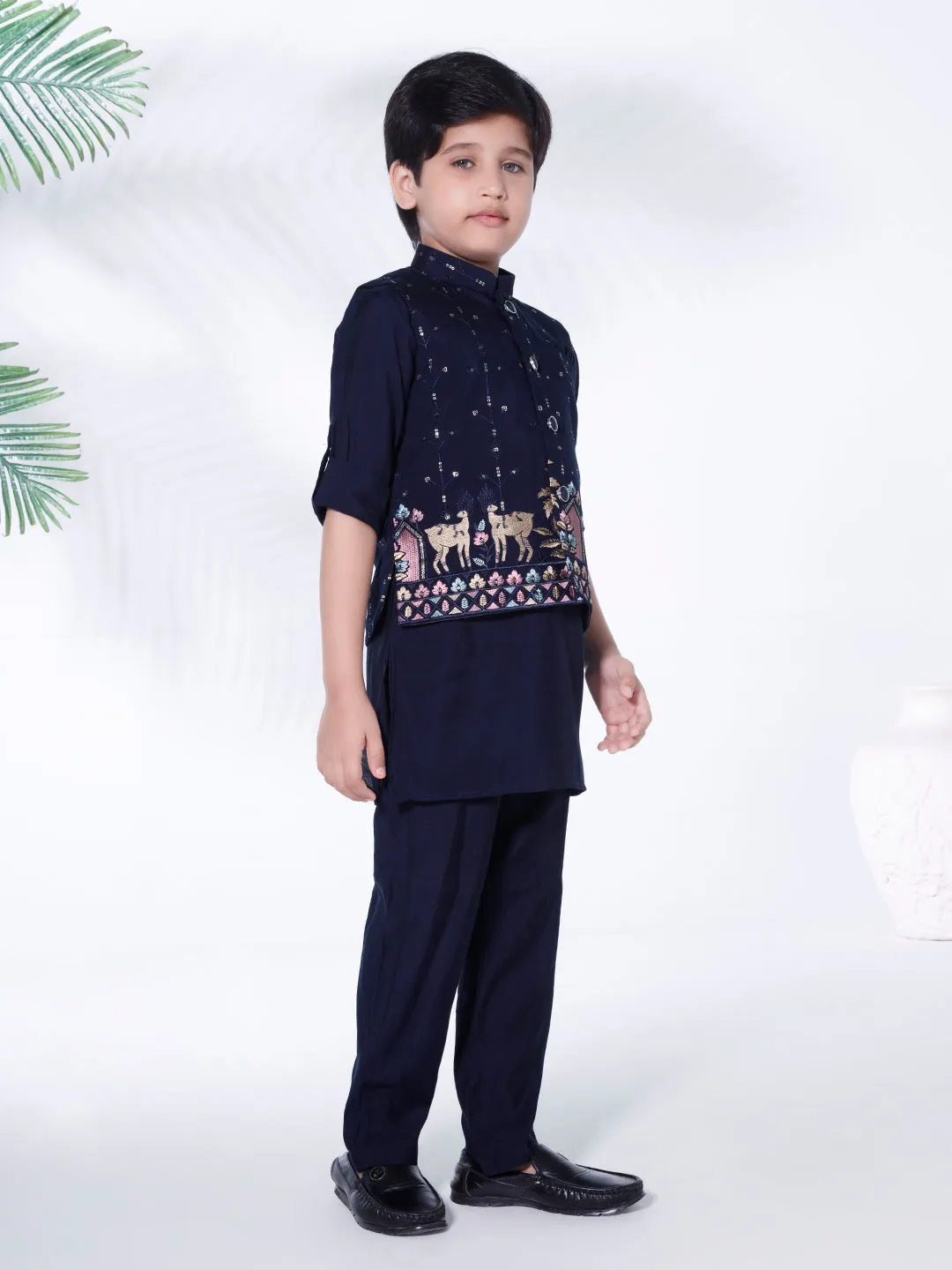 Mini Stitch multicolour folk embriodered jacket with kurta and pant set- NAVYBLUE