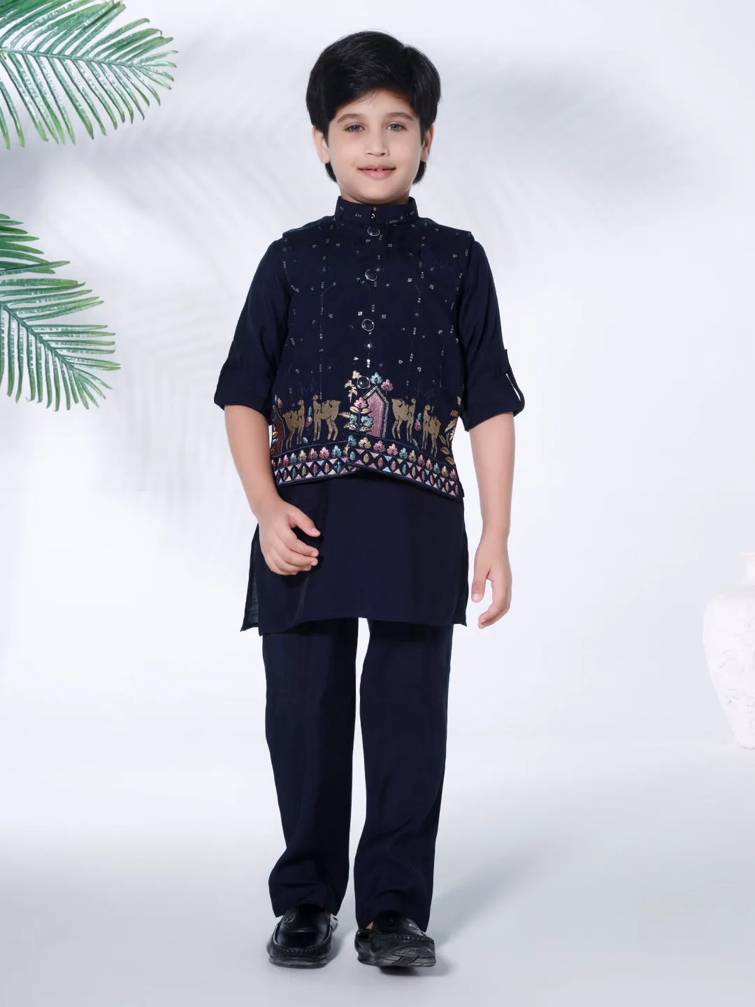 Mini Stitch multicolour folk embriodered jacket with kurta and pant set- NAVYBLUE