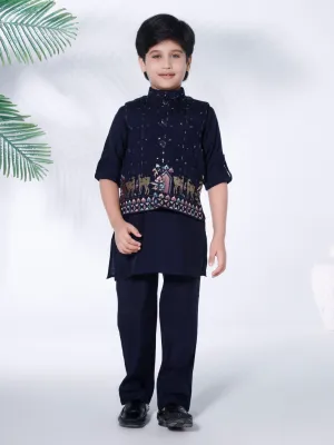 Mini Stitch multicolour folk embriodered jacket with kurta and pant set- NAVYBLUE