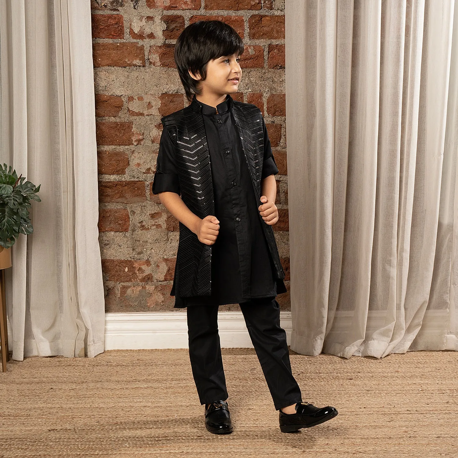 Ministitch full sleeves kurta pyjama set with sequin embroidered Jacket for boys - Black
