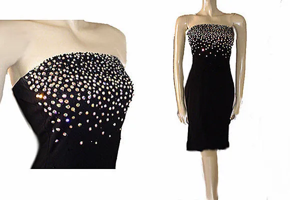SPARKLING RHINESTONE ENCRUSTED STRAPLESS BEADED EVENING DRESS