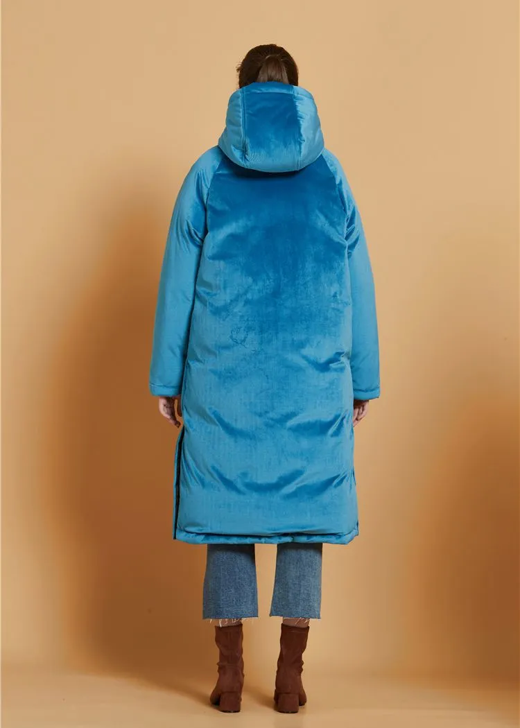 Teal Blue Velvet Hooded Goose Down Puffer Long Overcoat