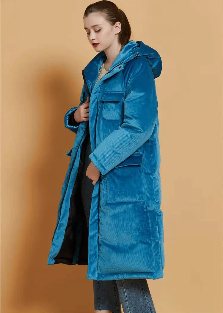 Teal Blue Velvet Hooded Goose Down Puffer Long Overcoat