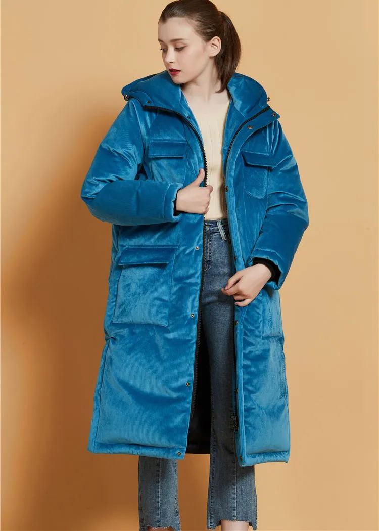 Teal Blue Velvet Hooded Goose Down Puffer Long Overcoat