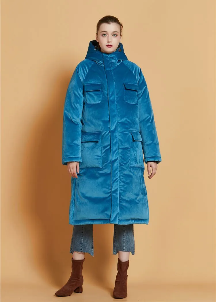 Teal Blue Velvet Hooded Goose Down Puffer Long Overcoat