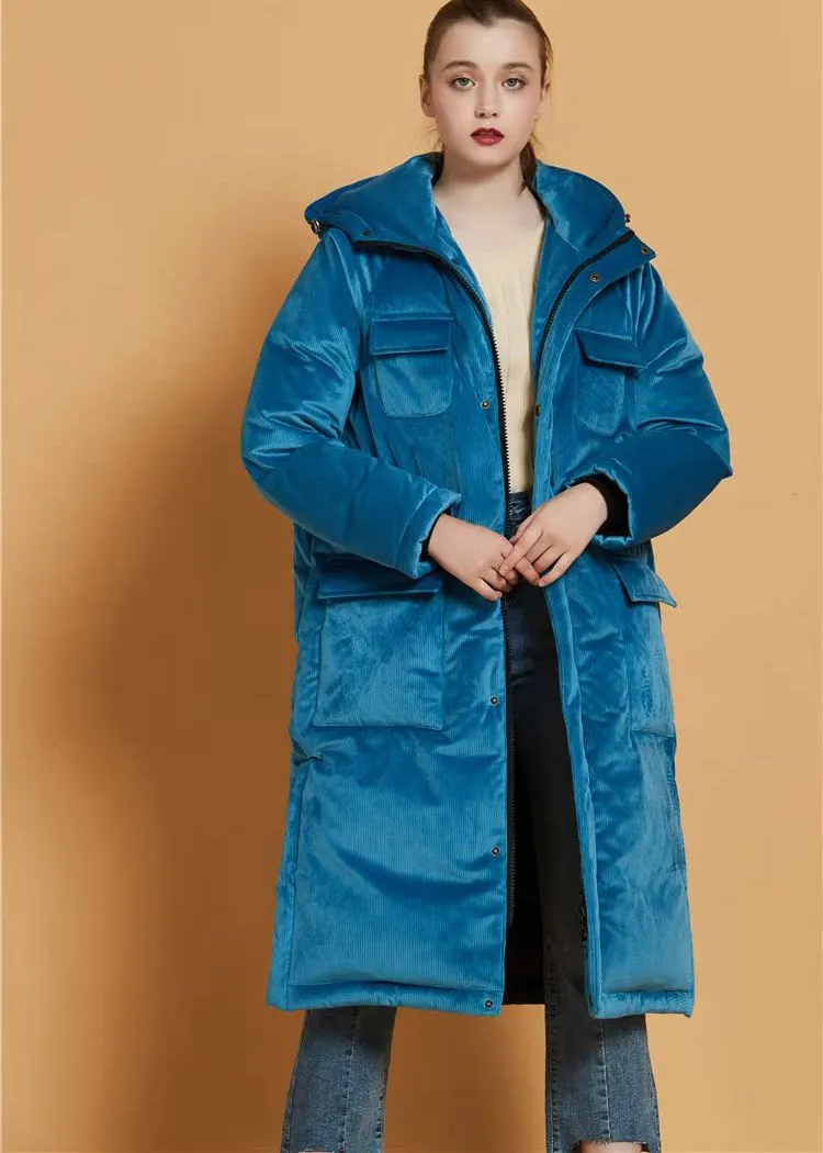 Teal Blue Velvet Hooded Goose Down Puffer Long Overcoat