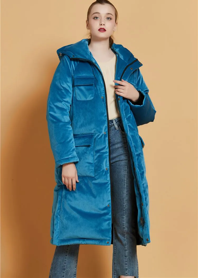 Teal Blue Velvet Hooded Goose Down Puffer Long Overcoat