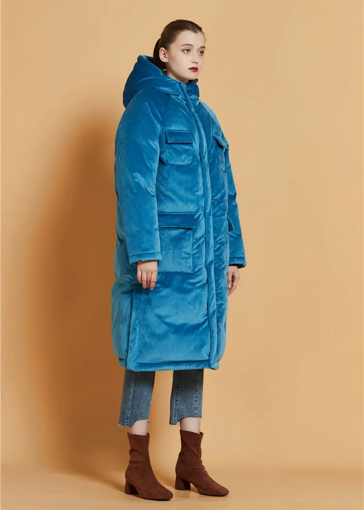 Teal Blue Velvet Hooded Goose Down Puffer Long Overcoat