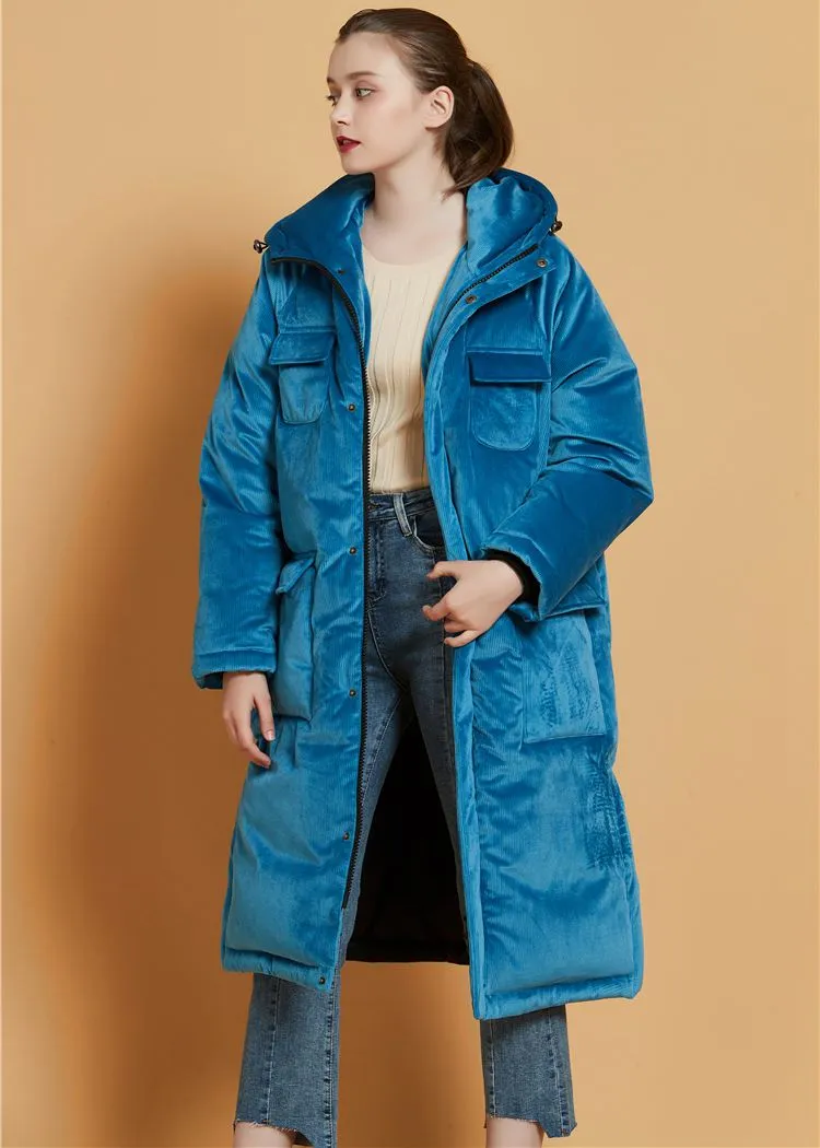 Teal Blue Velvet Hooded Goose Down Puffer Long Overcoat