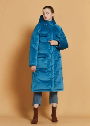Teal Blue Velvet Hooded Goose Down Puffer Long Overcoat