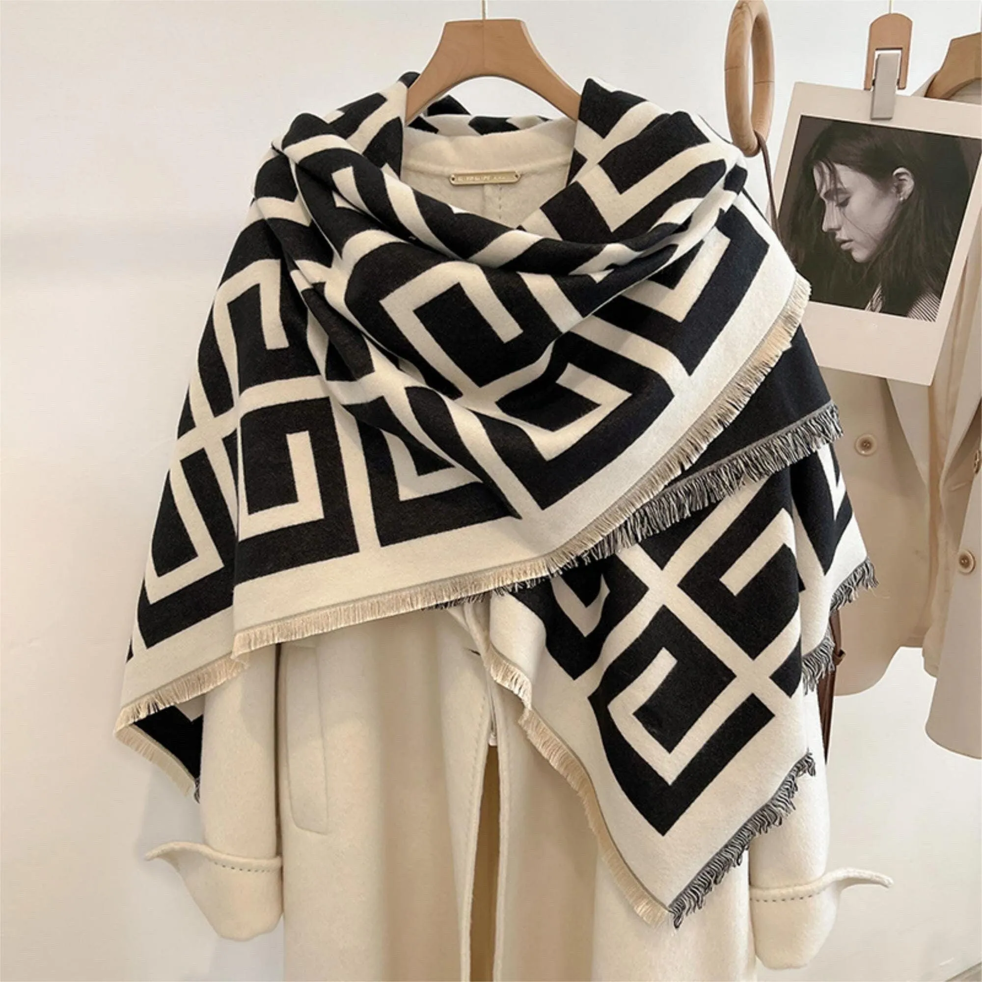 Vintage Fret Pattern Cashmere Texture Scarf/130*130cm Scarf/Pashmina Texture Shawl/Bohemian Shawl/Gift for Her