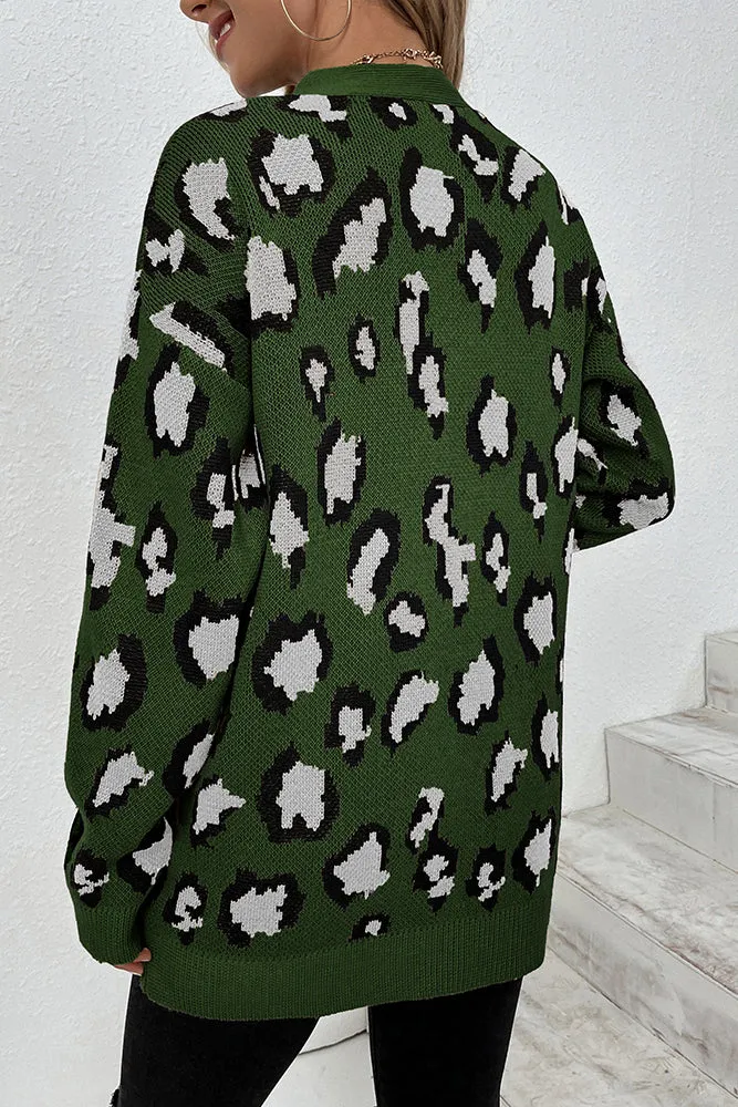 Winter Outfits Leopard Knit Pocketed Open Front Sweater Cardigans