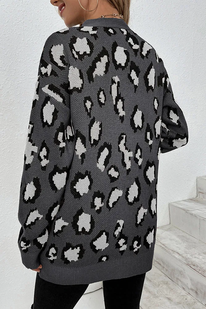 Winter Outfits Leopard Knit Pocketed Open Front Sweater Cardigans