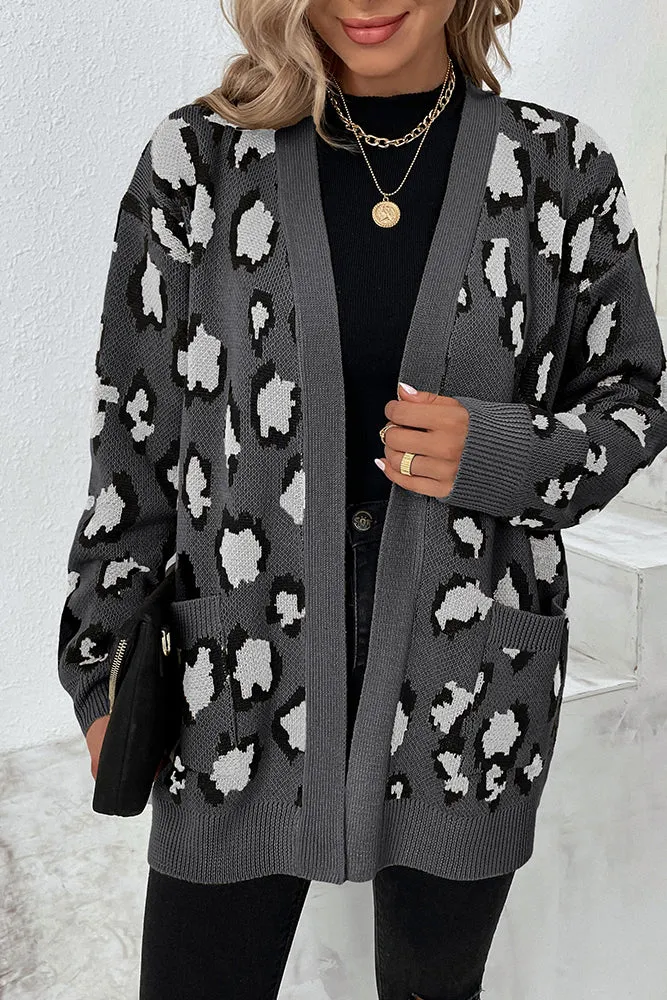 Winter Outfits Leopard Knit Pocketed Open Front Sweater Cardigans