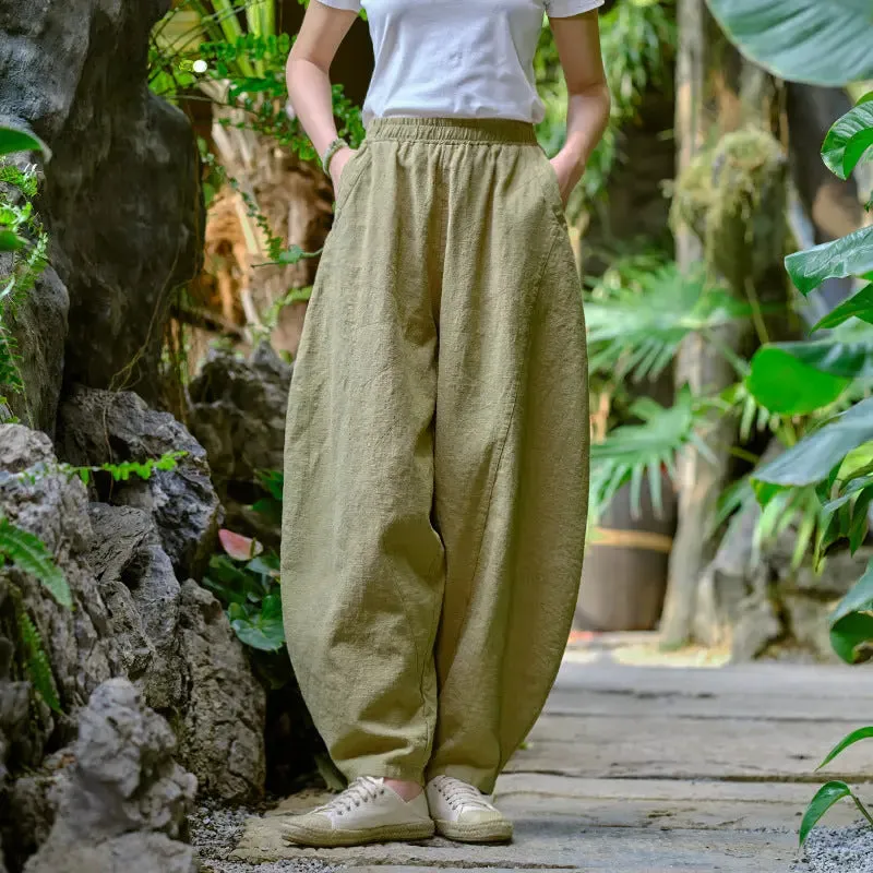Women Elastic Waist Pants autumn mustard yellow water linen large size casual pants