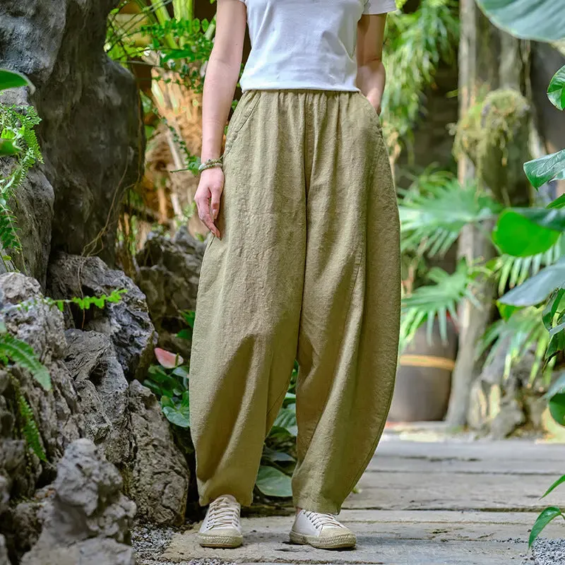 Women Elastic Waist Pants autumn mustard yellow water linen large size casual pants