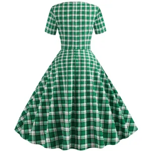 Women Plaid Print Short Sleeve V neck Elegant Slim Dress - WD8008