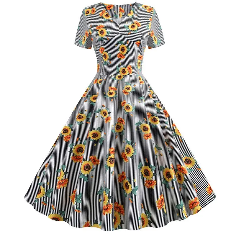 Women Plaid Print Short Sleeve V neck Elegant Slim Dress - WD8008