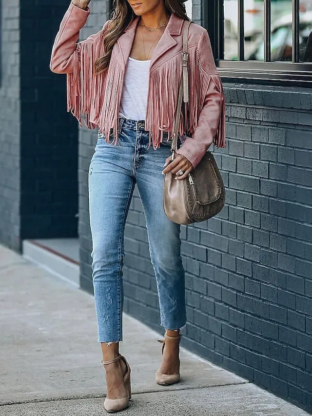 Women's Casual Jacket Going out Fall Regular Coat Regular Fit Breathable Bohemian Style Jacket Long Sleeve Solid Color Tassel Fringe Rusty White Black