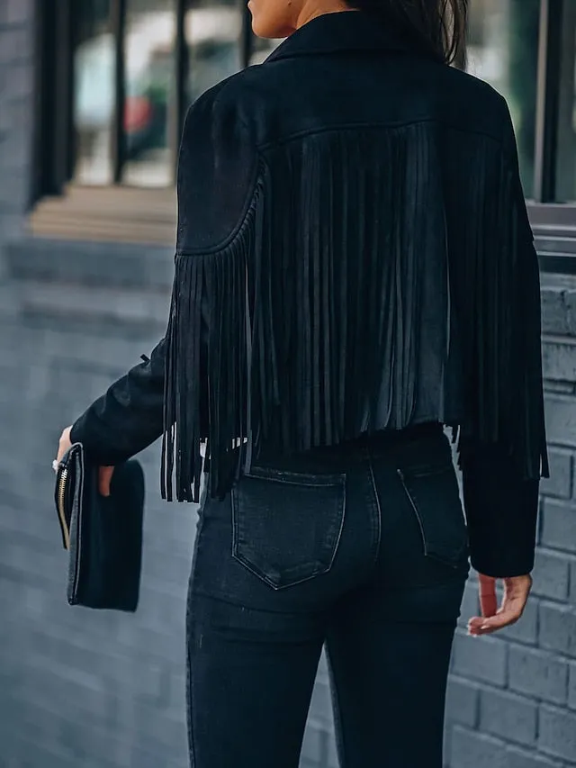 Women's Casual Jacket Going out Fall Regular Coat Regular Fit Breathable Bohemian Style Jacket Long Sleeve Solid Color Tassel Fringe Rusty White Black