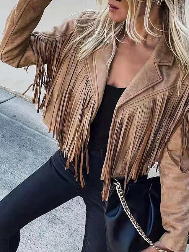 Women's Casual Jacket Going out Fall Regular Coat Regular Fit Breathable Bohemian Style Jacket Long Sleeve Solid Color Tassel Fringe Rusty White Black