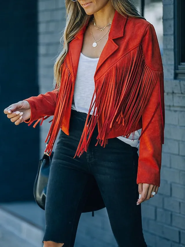 Women's Casual Jacket Going out Fall Regular Coat Regular Fit Breathable Bohemian Style Jacket Long Sleeve Solid Color Tassel Fringe Rusty White Black