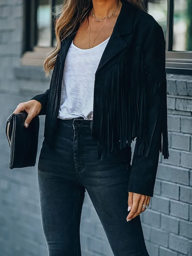 Women's Casual Jacket Going out Fall Regular Coat Regular Fit Breathable Bohemian Style Jacket Long Sleeve Solid Color Tassel Fringe Rusty White Black