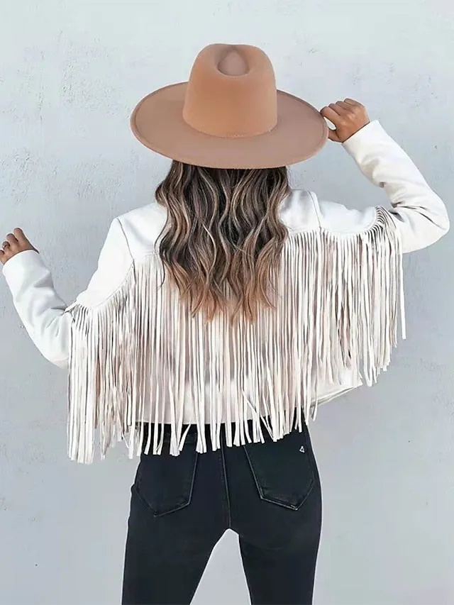 Women's Casual Jacket Going out Fall Regular Coat Regular Fit Breathable Bohemian Style Jacket Long Sleeve Solid Color Tassel Fringe Rusty White Black