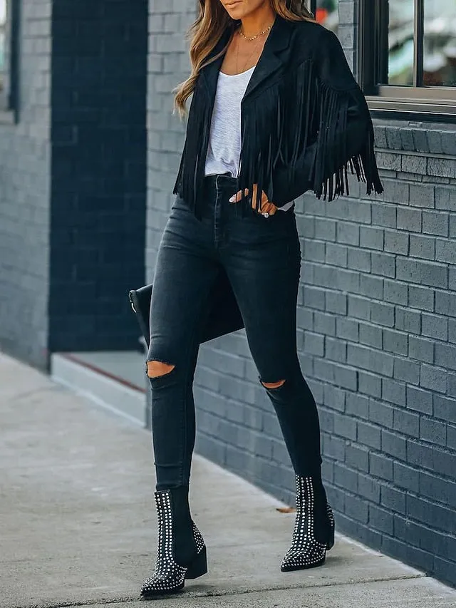 Women's Casual Jacket Going out Fall Regular Coat Regular Fit Breathable Bohemian Style Jacket Long Sleeve Solid Color Tassel Fringe Rusty White Black