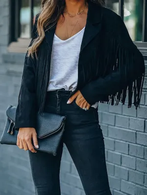 Women's Casual Jacket Going out Fall Regular Coat Regular Fit Breathable Bohemian Style Jacket Long Sleeve Solid Color Tassel Fringe Rusty White Black