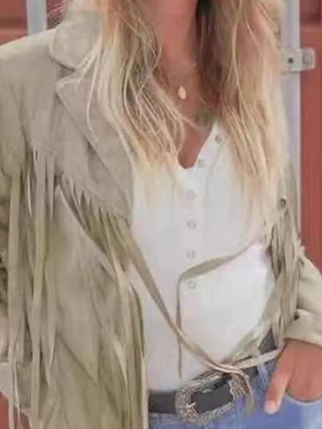 Women's Casual Jacket Going out Fall Regular Coat Regular Fit Breathable Bohemian Style Jacket Long Sleeve Solid Color Tassel Fringe Rusty White Black